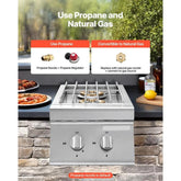 Double Grilling Side Burners, 2 x 15,000BTU Liquid Propane Side Burner for Outdoor Kitchen, Convertible to Natural Gas, 304 Stainless Steel Built-in Double Grill Burners for BBQ Grill Island